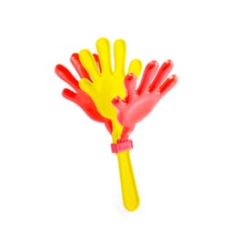 A novelty hand clapper, featuring red and yellow plastic hands on a handle, perfect for fun occasions.