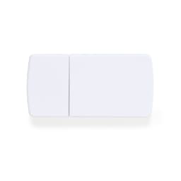 A white pillbox with a simple rectangular design and a logo on the surface.