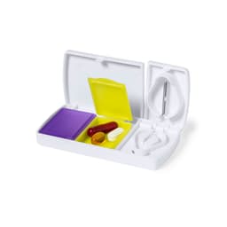 A compact pill organiser in white, featuring yellow and purple compartments for capsules and tablets.