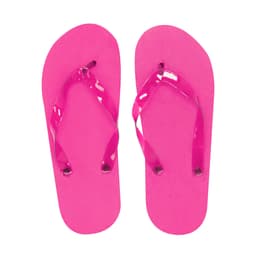 A pair of bright pink thongs with shiny straps, featuring a textured sole. The image includes a logo.