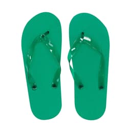 A pair of green thongs with a textured sole and transparent straps, featuring a logo on the footbed.