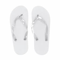 A pair of white thongs with clear straps, featuring a logo on the sole.