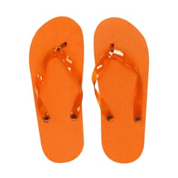 An orange pair of thongs with matching straps, featuring a textured footbed and a logo.