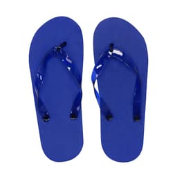 A pair of blue thongs featuring a textured footbed and glossy straps. The footwear has a logo on the sole.