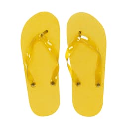 Yellow thongs with glossy straps and a textured footbed, featuring a simple design and a small logo.
