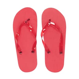 A pair of red thongs with shiny straps, featuring a textured footbed and a logo.