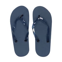Navy blue thongs featuring a textured footbed and glossy straps, with a logo on one side.