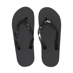 A pair of black thongs with a textured footbed and glossy straps, featuring a brand logo.