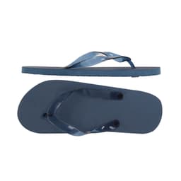 A pair of navy blue thongs with a flat sole and transparent straps. Includes a logo on the sole.