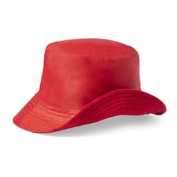 A red reversible hat with a wide brim, featuring a smooth exterior and textured inner band. It has a logo on it.