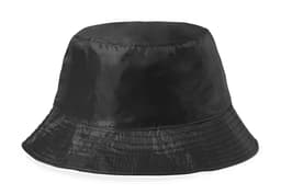 A black reversible bucket hat made from a shiny fabric, featuring a logo.