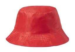 A red reversible bucket hat with a shiny finish and a wide brim, featuring a logo.