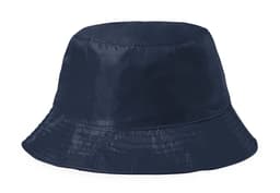 A navy blue reversible bucket hat with a wide brim and a smooth finish. It features a logo.