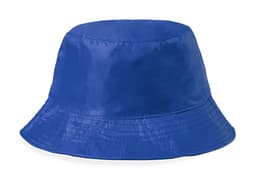 A blue reversible bucket hat with a glossy finish, featuring a branded logo.