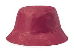 A reversible bucket hat in a rich burgundy colour, featuring a smooth finish and a wide brim.