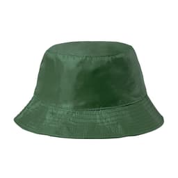 A green reversible bucket hat with a smooth finish and a logo. Perfect for headwear.