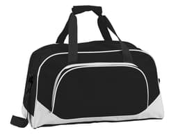 A black duffel bag with white accents, featuring dual handles and a zippered main compartment. It has a logo.