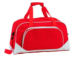 A red bag with white accents and double handles, featuring a front pocket and a main compartment. Equipped with a logo.