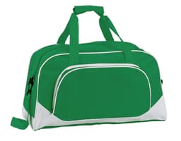 A green duffel bag with white detailing, featuring dual handles and a front pocket, and a logo.