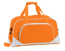 An orange duffel bag with white accents and two carry handles, featuring a large front pocket and a branding logo.