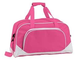 A pink bag with white accents features dual handles and a front zip pocket. It has a logo on the side.