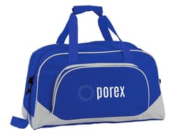 A blue bag with grey accents and a logo on the front, featuring dual carry handles and a zipper compartment.