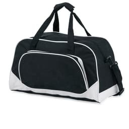 A black and white duffel bag featuring dual handles and a shoulder strap. It has a logo on the front.