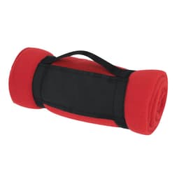 A rolled red fleece blanket with a black strap for carrying and a branded patch on the side.
