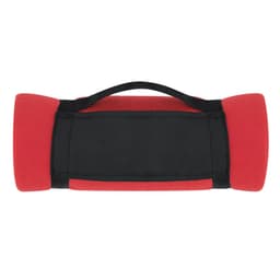 A red and black blanket with a roll-up design and a convenient carrying handle.