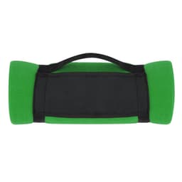 A green mountain blanket with a black handle on top, featuring a soft fleece texture and a simple design.