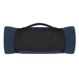 A blue and black mountain blanket with rounded edges and a central handle for easy carrying.