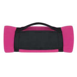 A pink and black mountain blanket with a handle for easy carrying. Features a soft texture and a simple design.