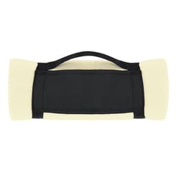 A soft fleece mountain blanket with a black base and cream-coloured ends, featuring a carrying handle.
