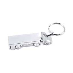 A silver trailer-shaped keyring with a hook attachment and a circular keyring loop.