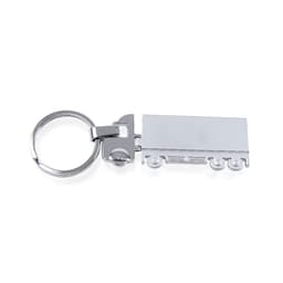 A silver keyring designed in the shape of a truck, featuring a circular keyring attachment.