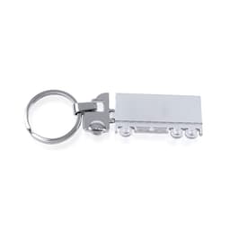 A silver trailer-shaped keyring with a metal ring for attachment, featuring a decorative design on the trailer.
