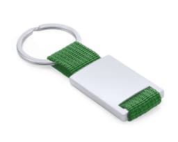 A green fabric keyring with a silver metal tag attached to a keyring loop.