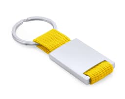 A yellow keyring featuring a rectangular metal pendant and a silver keyring attachment.