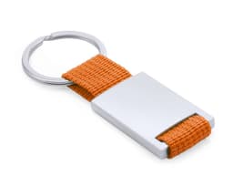 A rectangular keyring with an orange fabric strap and a silver metal clip.