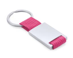 A pink keyring with a silver metal attachment, featuring a woven strap and a round keychain loop.