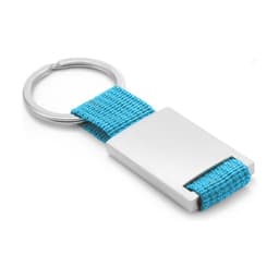 A keyring featuring a silver metal rectangular pendant and a blue fabric strap.