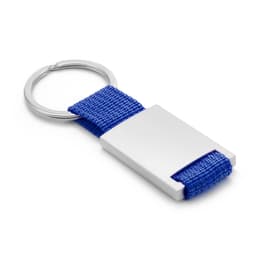 A rectangular silver keyring with a blue fabric strap attached. It features a metal loop for keys.