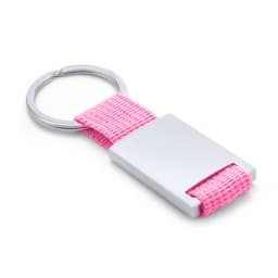 A pink keyring with a silver metal piece, featuring a fabric strap and a keyring attachment.