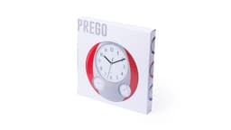 A wall clock in a red and silver design, displayed in a white box. The clock features two smaller dials on the bottom.