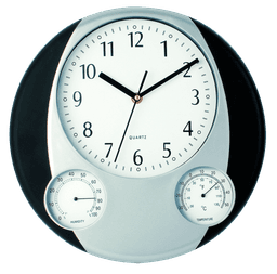 A silver and black wall clock with a white face, featuring large numbers and dials for humidity and temperature.
