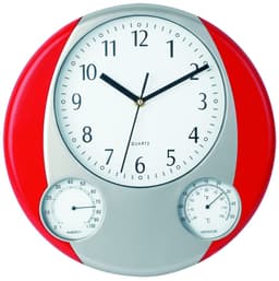 A round wall clock with a red frame, featuring black hour and minute hands, and gauges for humidity and temperature.