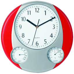 A round wall clock featuring a white face, black hour markers, and red accents, with humidity and temperature gauges.