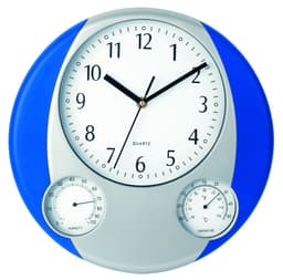 A round wall clock with a blue and grey design, featuring white hour markers, black hands, and dials for humidity and temperature.