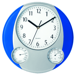 A wall clock featuring a white face, black numbers, and blue and grey casing, with humidity and temperature gauges.