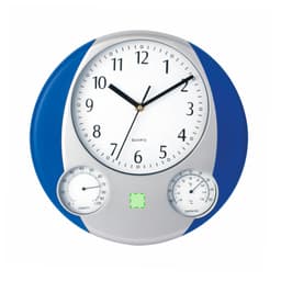 A round wall clock featuring a blue and silver design, with a white face, black hands, and gauges for humidity and temperature.